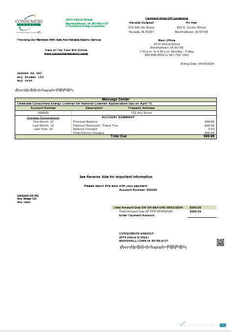 Download USA Consumers Energy business utility bill template in Word and PDF formats Photoshop template